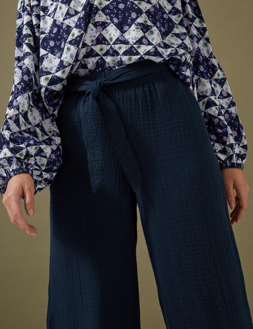 Lacivert Saf Pamuklu Wide Leg Pantolon