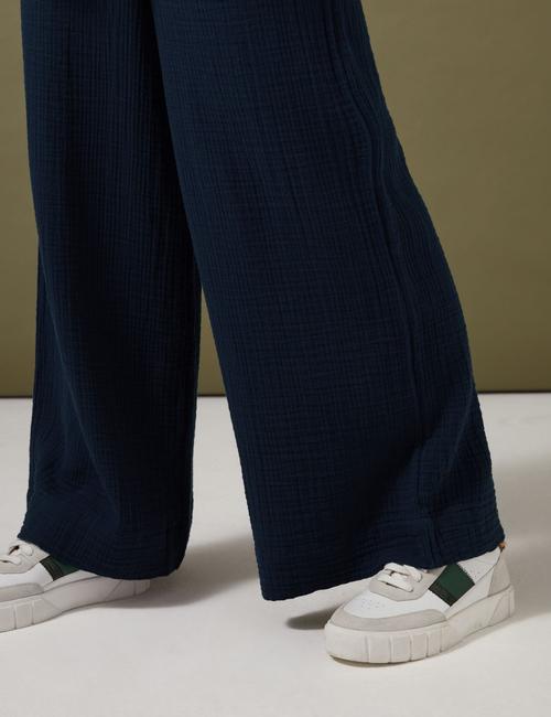 Lacivert Saf Pamuklu Wide Leg Pantolon