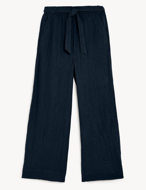 Lacivert Saf Pamuklu Wide Leg Pantolon