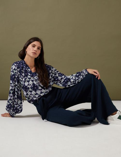 Lacivert Saf Pamuklu Wide Leg Pantolon
