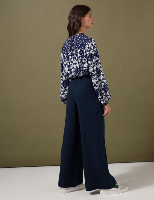 Lacivert Saf Pamuklu Wide Leg Pantolon