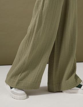 Kadın Yeşil Saf Pamuklu Wide Leg Pantolon