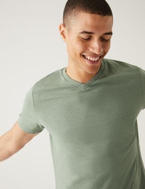 Erkek Yeşil Saf Pamuklu V Yaka T-Shirt