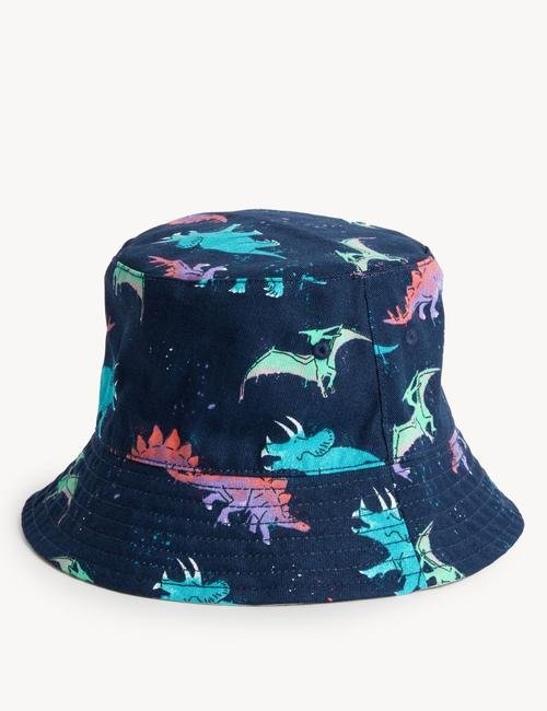Lacivert Saf Pamuklu Dinozor Desenli Bucket Şapka (1-13 Yaş)