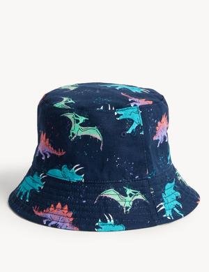 Saf Pamuklu Dinozor Desenli Bucket Şapka (1-13 Yaş)