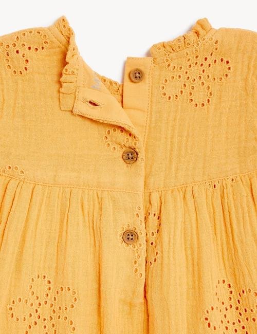 Sarı Saf Pamuklu İşleme Detaylı Elbise (0-3 Yaş)