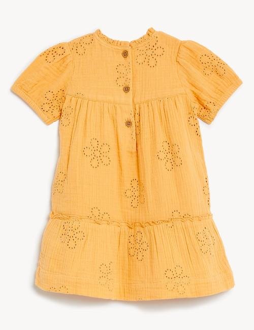 Sarı Saf Pamuklu İşleme Detaylı Elbise (0-3 Yaş)