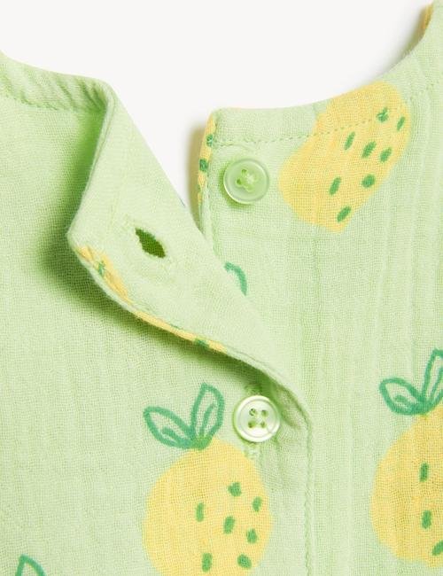Yeşil Saf Pamuklu Limon Desenli Elbise (0-3 Yaş)