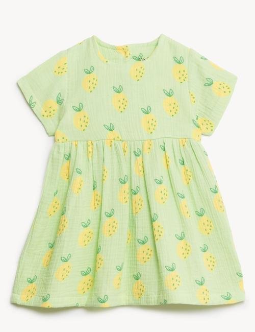 Yeşil Saf Pamuklu Limon Desenli Elbise (0-3 Yaş)