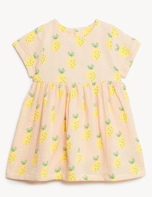 Pembe Saf Pamuklu Limon Desenli Elbise (0-3 Yaş)