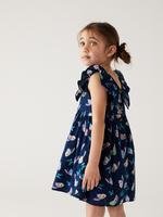 Kız Çocuk Lacivert Saf Pamuklu Kelebek Desenli Elbise (2-8 Yaş)