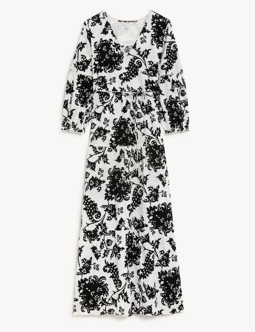 Siyah Çiçek Desenli Keten Midi Elbise