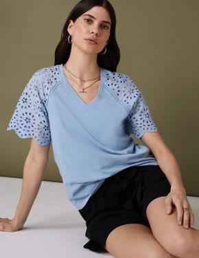 Kadın Mavi Saf Pamuklu İşleme Detaylı T-Shirt