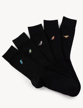 Erkek Siyah 5'li Kuş Desenli Cool & Fresh™ Çorap Seti