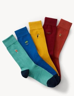 Erkek Lacivert 5'li İşleme Detaylı Cool & Fresh™ Çorap Seti