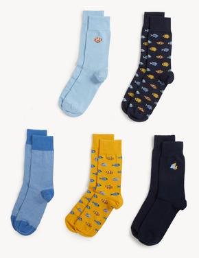 Erkek Mavi 5'li Balık Desenli Cool & Fresh™ Çorap Seti