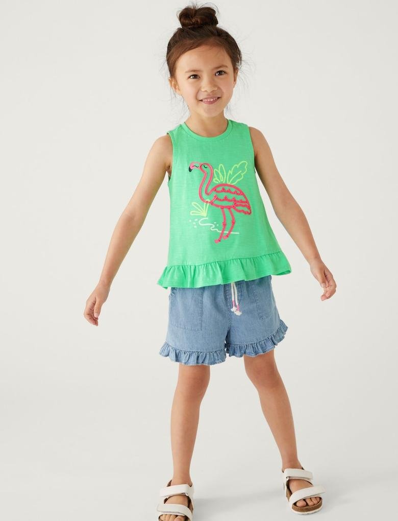 Kız Çocuk Yeşil Saf Pamuklu Flamingo Desenli T-Shirt (2-7 Yaş)