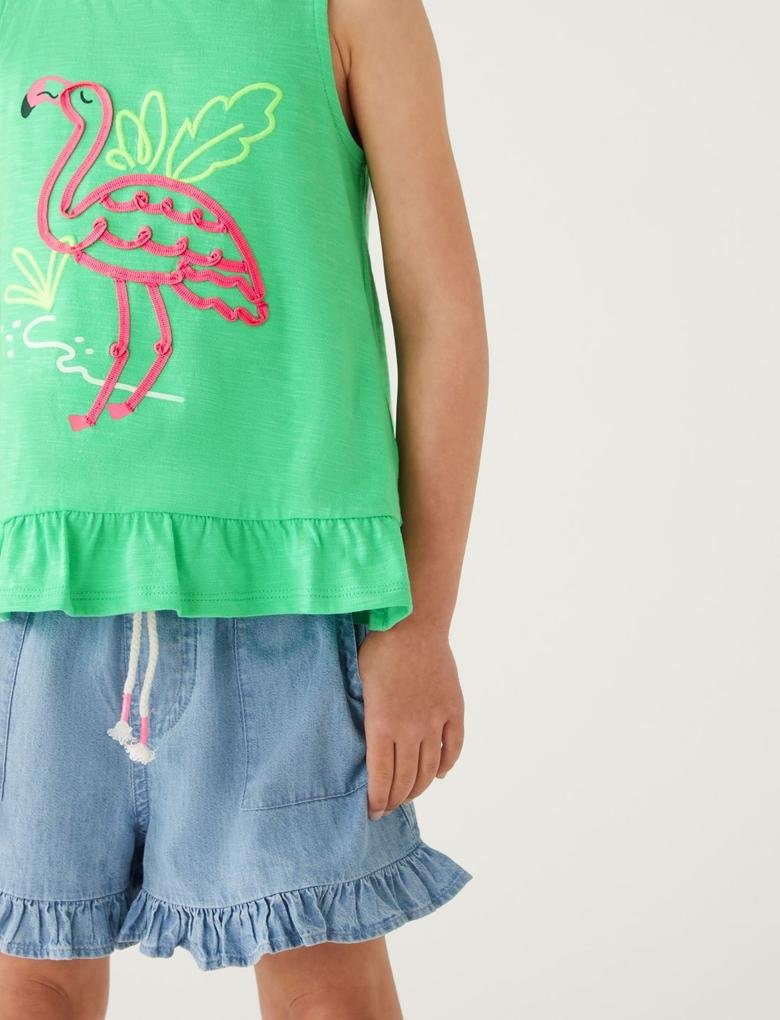 Kız Çocuk Yeşil Saf Pamuklu Flamingo Desenli T-Shirt (2-7 Yaş)