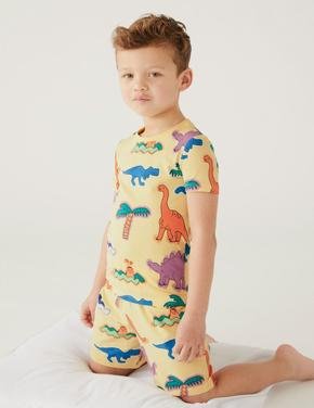 Çocuk Sarı Dinozor Desenli Kısa Kollu Pijama Takımı (1-8 Yaş)