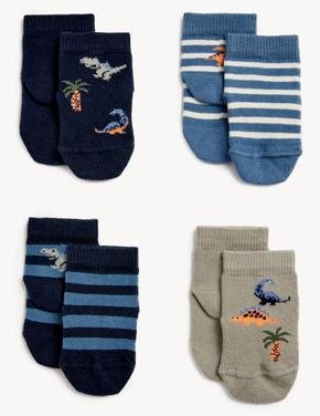 Çocuk Multi Renk 4'lü Dinozor Desenli Bebek Çorabı (0-3 Yaş)
