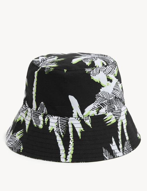 Siyah Saf Pamuklu Desenli Bucket Şapka