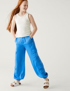 Kız Çocuk Mavi Regular Fit Saten Kargo Pantolon (6-16 Yaş)