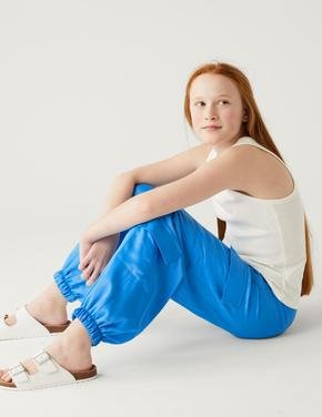 Kız Çocuk Mavi Regular Fit Saten Kargo Pantolon (6-16 Yaş)