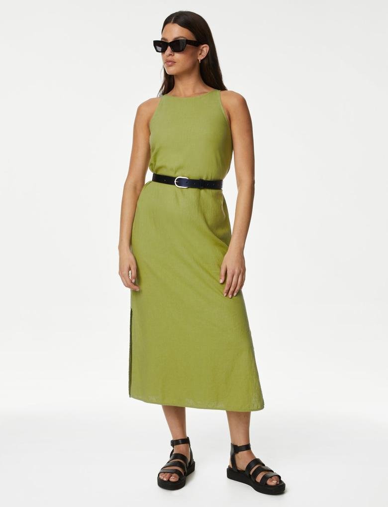 Kadın Yeşil Regular Fit Midi Keten Elbise