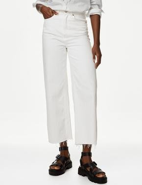 Kadın Beyaz Yüksek Bel Wide Leg Crop Jean Pantolon