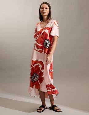 Kadın Pembe Çiçek Desenli Kısa Kollu Midi Elbise