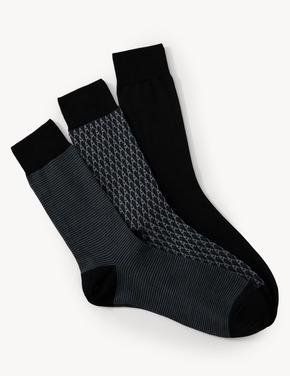 Erkek Siyah 3'lü Desenli Çorap Seti
