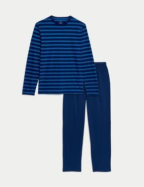 Erkek Mavi Saf Pamuklu Uzun Kollu Pijama Takımı