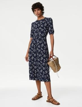 Kadın Lacivert Çiçek Desenli Midi Örme Elbise