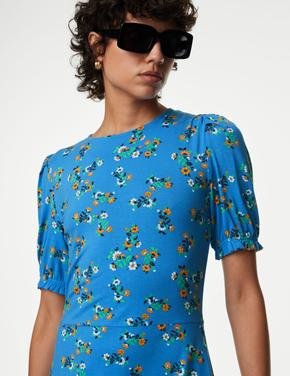 Kadın Mavi Desenli Mini Örme Elbise