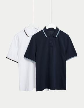Erkek Beyaz Saf Pamuklu 2'li Polo Yaka T-Shirt Seti