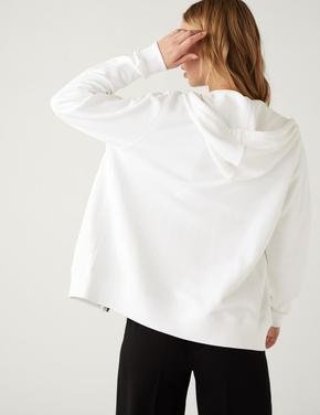 Kadın Beyaz Saf Pamuklu Fermuarlı Sweatshirt