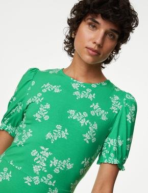 Kadın Yeşil Desenli Mini Örme Elbise