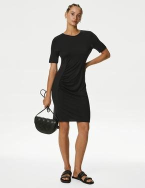 Kadın Siyah Kısa Kollu Mini Örme Elbise