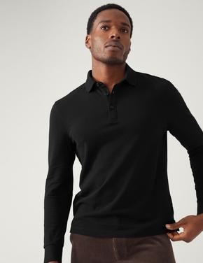 Erkek Siyah Saf Pamuklu Uzun Kollu Polo Yaka T-Shirt