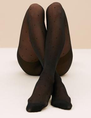 Kadın Siyah Puantiye Desenli 20 Denye Külotlu Çorap