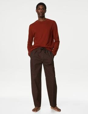 Erkek Kahverengi Saf Pamuklu Uzun Kollu Pijama Takımı