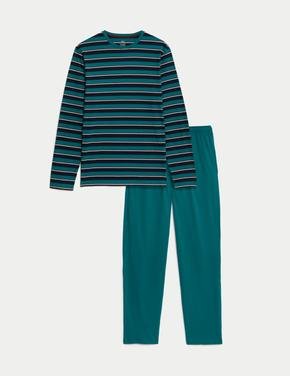 Erkek Yeşil Saf Pamuklu Uzun Kollu Pijama Takımı