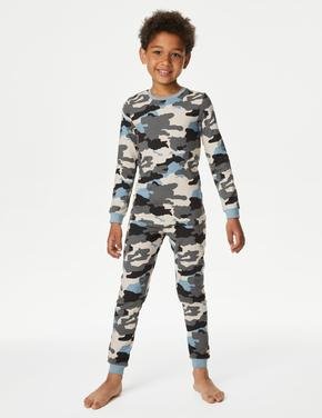 Çocuk Gri Kamuflaj Desenli Uzun Kollu Pijama Takımı (7-14 Yaş)