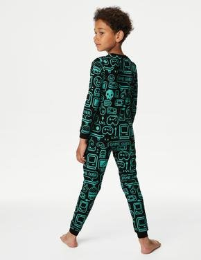 Çocuk Yeşil Oyun Temalı Uzun Kollu Pijama Takımı (7-14 Yaş)