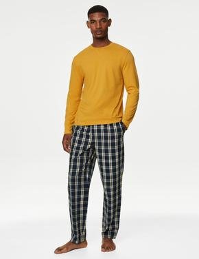 Erkek Sarı Saf Pamuklu Uzun Kollu Pijama Takımı