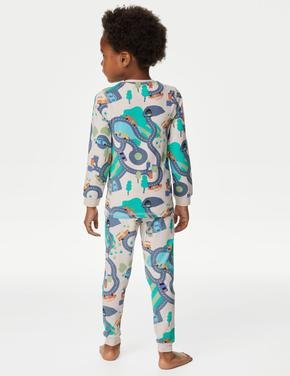 Çocuk Mavi Araba Desenli Uzun Kollu Pijama Takımı (1-8 Yaş)