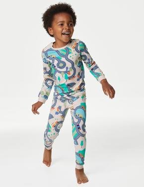 Çocuk Mavi Araba Desenli Uzun Kollu Pijama Takımı (1-8 Yaş)