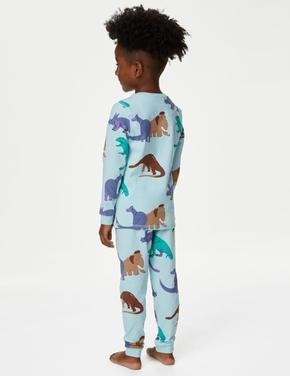 Çocuk Mavi Dinozor Desenli Uzun Kollu Pijama Takımı (1-8 Yaş)