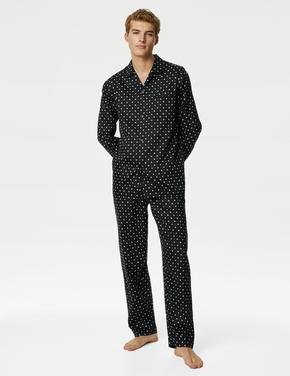 Erkek Siyah Saf Pamuklu Uzun Kollu Pijama Takımı