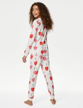 Çocuk Beyaz Kiraz Desenli Uzun Kollu Pijama Takımı (7-14 Yaş)